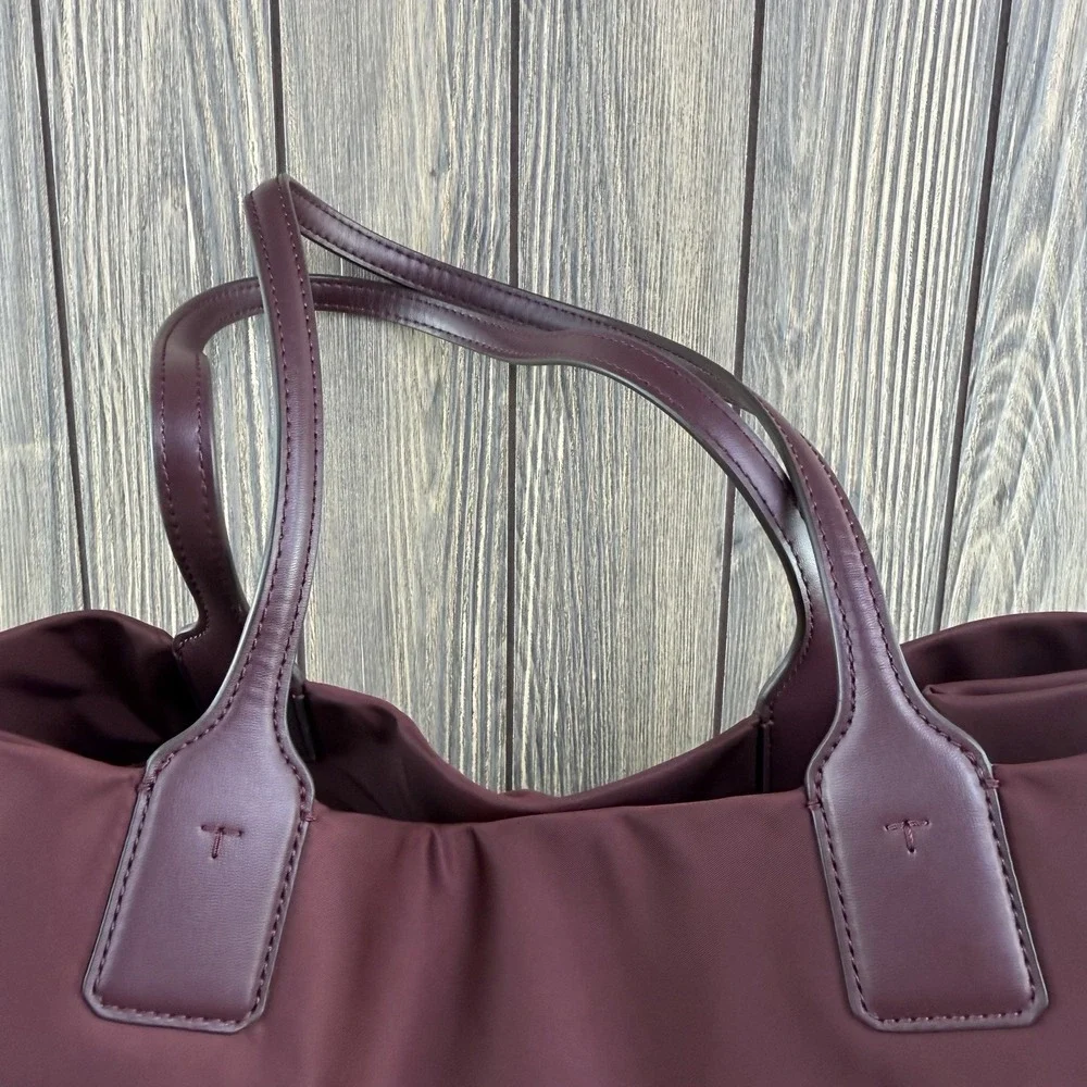 Tory Burch Ella Large Tote Bag Burgundy Nylon Leather Logo Shoulder Handbag